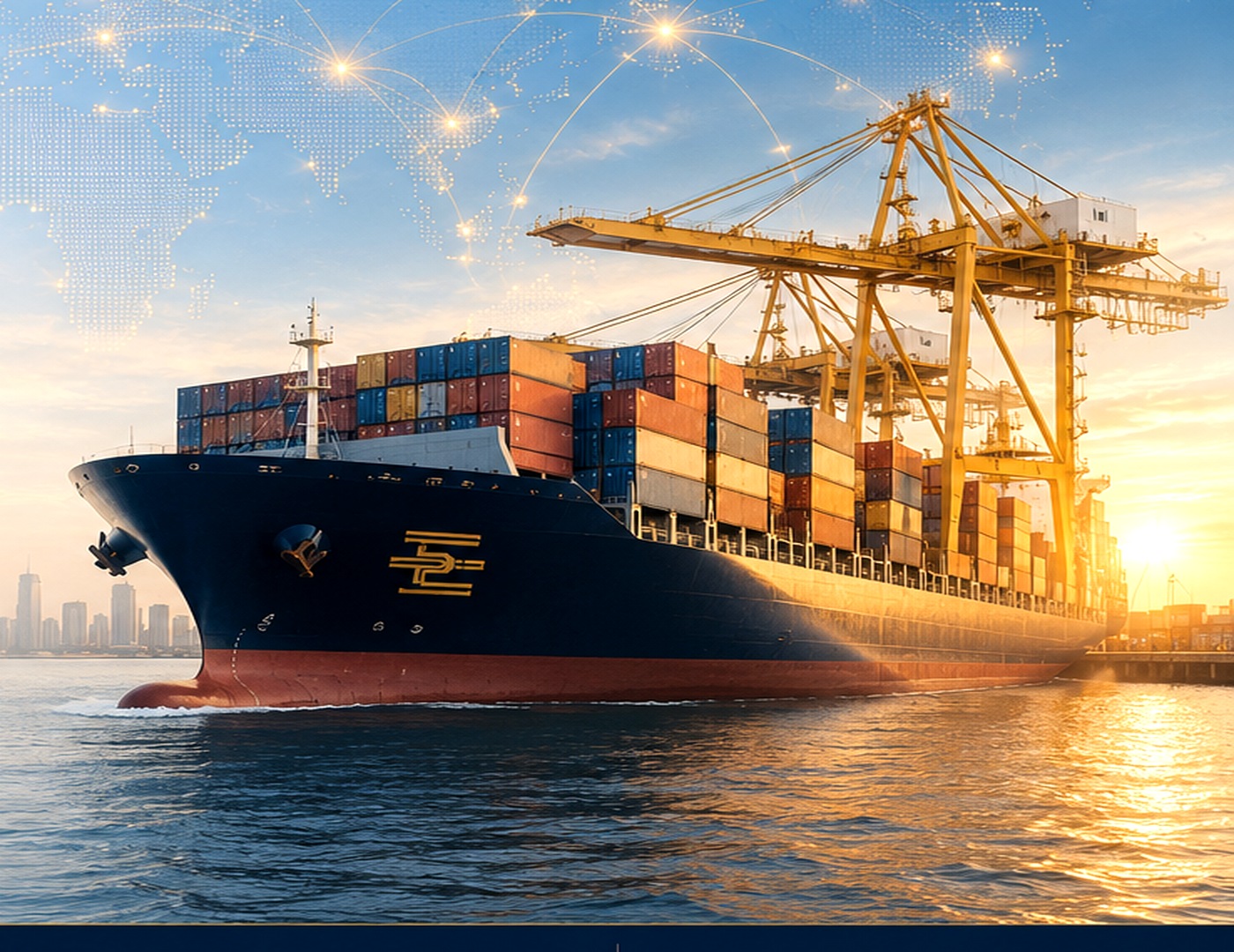Container ship operating at an international port